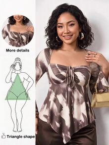 Enliva Plus Size Tie Dye Pleated Tie Hem Asymmetrical Top Fall - Mocha Brown - View 1