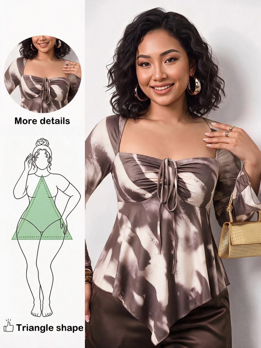 Enliva Plus Size Tie Dye Pleated Tie Hem Asymmetrical Top Fall - Mocha Brown - View 1