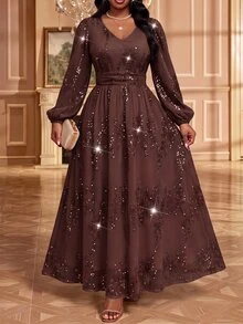Fleurora Elegant Pink Dress Graduation Cocktail Sequin Ceremony Birthday Wedding Guest Long Party Formal Fall Christmas - Brown - View 2