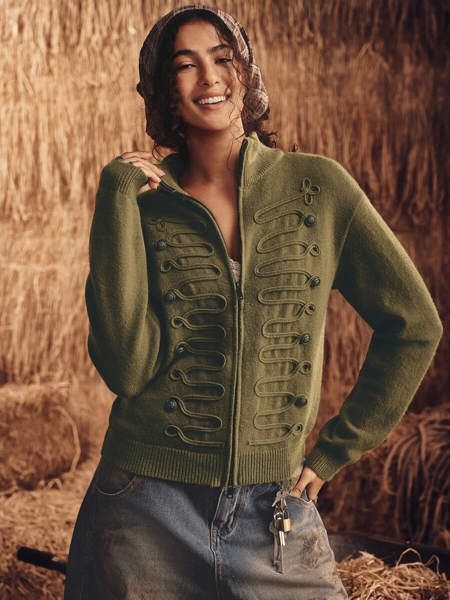 SHEIN Women's Autumn/Winter Solid Color Hand-Embroidered Napoleon Button Knit Cardigan With Zipper, Half-High Stand Collar, Vintage Elegant Sweater Jacket - Green - View 1