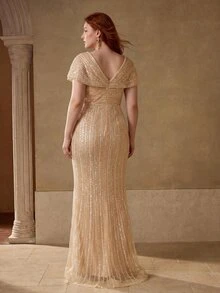 MOTF Soiréza PLUS LUXURY BEADED V-NECK MERMAID EVENING GOWN FOR RED CARPET EVENTS,FORMAL PARTIES, WEDDINGS,GALAS - Champagne - View 7