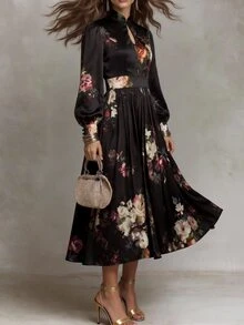 Solivie Women's Autumn Black Printed Chinese Style Dress - Black - View 2