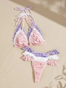 Lullawish Women's Solid Color Ruched Halter Tie Bra And Thong Lingerie Set - Multicolor - View 4