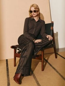 MOTF PREMIUM WOMEN'S AUTUMN/WINTER VELVET STRAIGHT FIT COMMUTER BLOUSE TOP - Brown - View 1