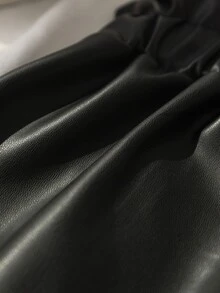 SHEIN Girls' Lotus Bud Elastic Waist Faux PU Leather Matte Black Loose A-Line Short Pants - Black - View 6