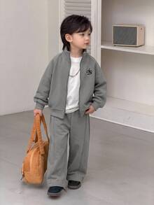Dazy Kids Young Boys Stand Collar Zipper Casual Long Sleeve Loose Sweatshirt Top + Straight Leg Pants 2 Pieces Set - Grey - View 5
