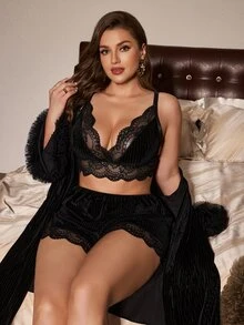 Slumberist Black Vertical Striped Velvet Plus Size Loungewear, Sexy Lace Patchwork Camisole, Drawstring Shorts, Robe 3 Pieces Set - Black - View 1