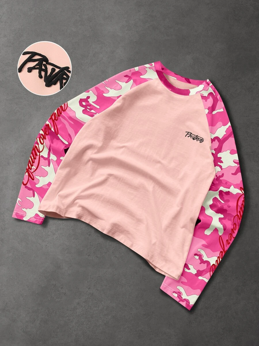 PAVTROS Men's Camouflage Patchwork Letter Print Raglan Sleeve T-Shirt - Multicolor - View 1