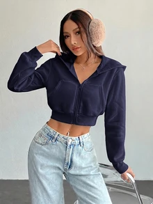 SHEIN PETITE 白色女款純色前拉鍊長袖口袋極簡連帽外套，休閒秋季日常穿著，返校教師穿搭，適合嬌小女性 - 藏蓝色 - 查看 5