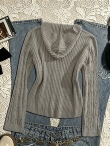 Sunspun Plus Size Women's Lace Patchwork Casual Versatile Daily Wear Hooded Sweater - Grey - View 2