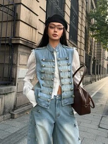 StreetHx Fashion Street Style Rivet Button Denim Jacket - Light Wash - View 1