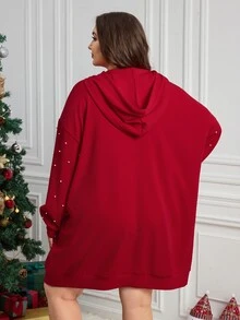 SHEIN CURVE+ فستان مقاس كبير مزين بالخرز مع بطانية رأس - الأحمر - مشاهدة 2