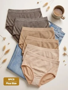 SHEIN 6PCS Women Plus Size Comfy Stretch High Waisted Oblique Striped Seamless Full-Coverage Panties - Multicolor - View 1