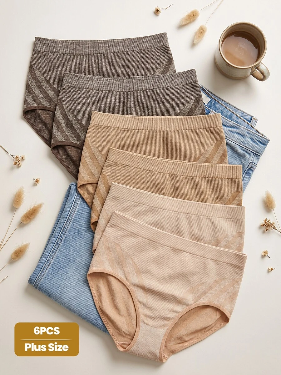 SHEIN 6PCS Women Plus Size Comfy Stretch High Waisted Oblique Striped Seamless Full-Coverage Panties - Multicolor - View 1