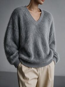 Penseblé Women's Solid Color V-Neck Casual Daily Long Sleeve Sweater - Grey - View 4
