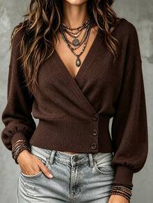 SHEIN PariChic Women Boho Wrap VNeck Cropped Sweater, Puff Long Sleeve Button Side Ribbed Hem Knit Top, Casual Fall Solid Color Knit Pullover - Coffee Brown - View 1