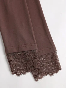 Sweetra Women's Solid Color Contrast Lace Asymmetrical Shoulder Long Sleeve Top And Skirt Fashion Two Pieces Set - Brown - View 7
