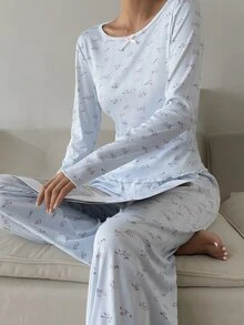 Livesso Women's Floral Bow Decor Long Sleeve Top And Pants Pajama Set - Blue - View 3