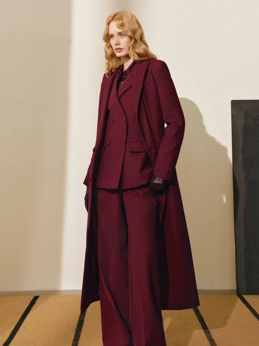 MOTF PREMIUM WOMEN'S STRIPED WOOL BLEND BELTED BLAZER JACKET, AUTUMN/WINTER - Burgundy - View 1