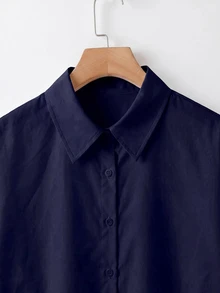 SHEIN CURVE+ 大尺碼秋冬寬鬆白色基本款長袖鈕扣襯衫上衣，2026 22W - 藏蓝色 - 查看 2