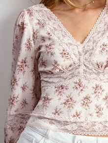 Willow Rêve Women's Cream Floral Lace Patchwork Puff Long Sleeve Top - Cream - View 7