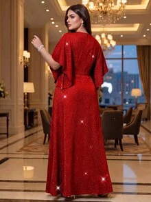 Auveirra 大尺碼女款優雅休閒星空性感洋裝，3D花朵裝飾亮面喇叭袖，婚禮晚宴正式穿著，灰粉色夏季公主風 - 紅色 - 查看 2