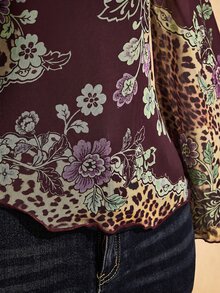 SHEIN ICON 大尺碼復古 Y2K 中式花卉印花喇叭袖不對稱下擺網眼針織上衣 秋季 - 酒紅色 - 查看 7