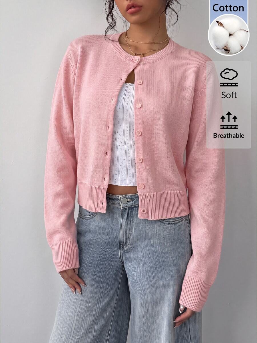SHEIN BASICS Women's Sweet Double-Breasted Long Sleeve Knit Cardigan - Pink - View 1