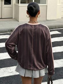 SHEIN CURVE+ 休閒簡約大尺碼女款字母條紋T恤 春秋季 - 棕色 - 查看 2