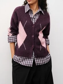 Maija Women's Diamond Quilted Drop Shoulder Long Sleeve Single-Breasted Knit Cardigan - Burgundy - View 7