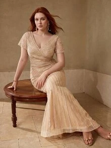 MOTF Soiréza PLUS LUXURY BEADED V-NECK MERMAID EVENING GOWN FOR RED CARPET EVENTS,FORMAL PARTIES, WEDDINGS,GALAS - Champagne - View 1
