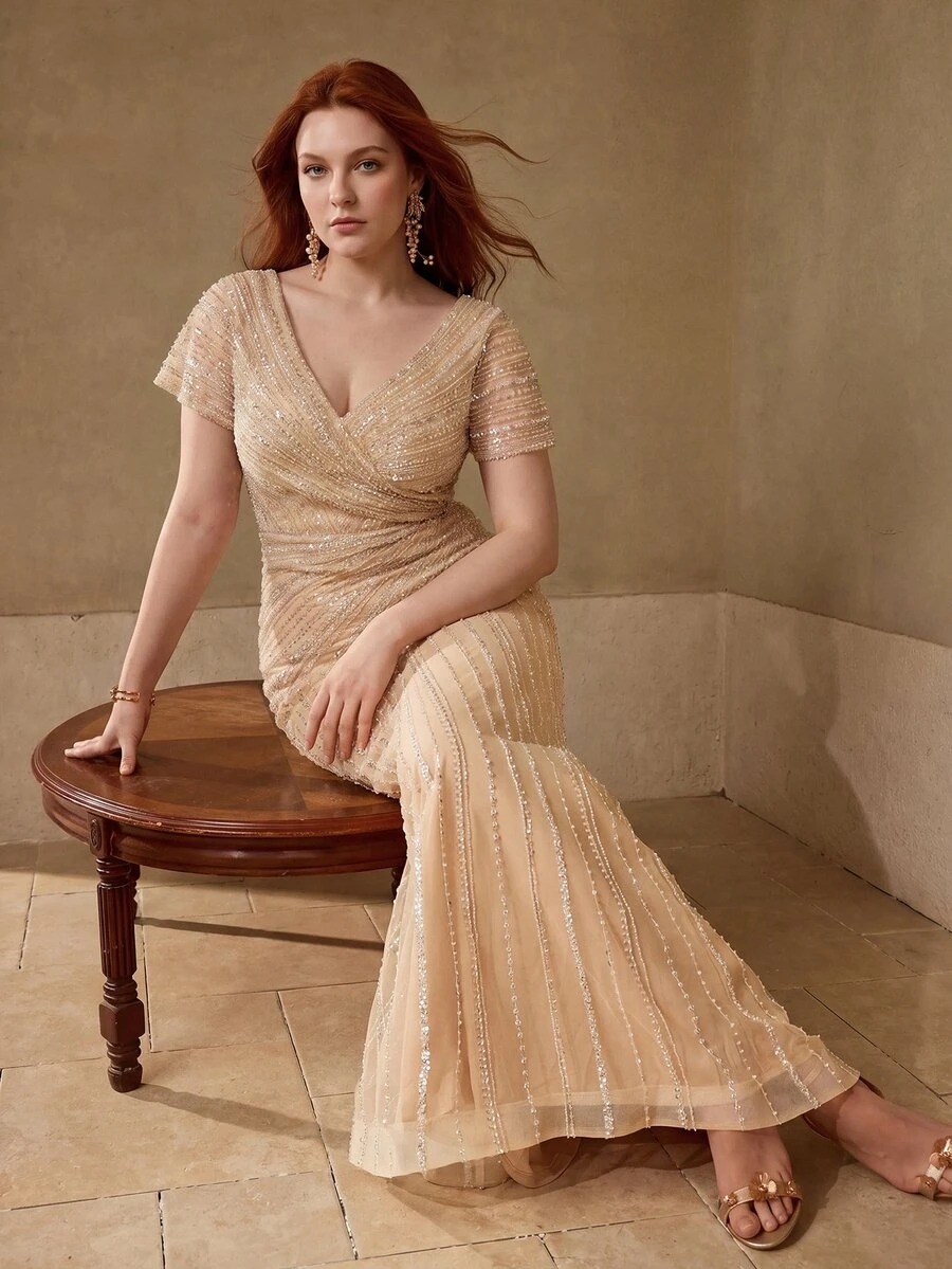 MOTF Soiréza PLUS LUXURY BEADED V-NECK MERMAID EVENING GOWN FOR RED CARPET EVENTS,FORMAL PARTIES, WEDDINGS,GALAS - Champagne - View 1