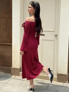 MainGRL Women's Red Knitted Off-Shoulder Long Casual Versatile Sweet And Spicy Sleeve Long Dress - Red - View 7