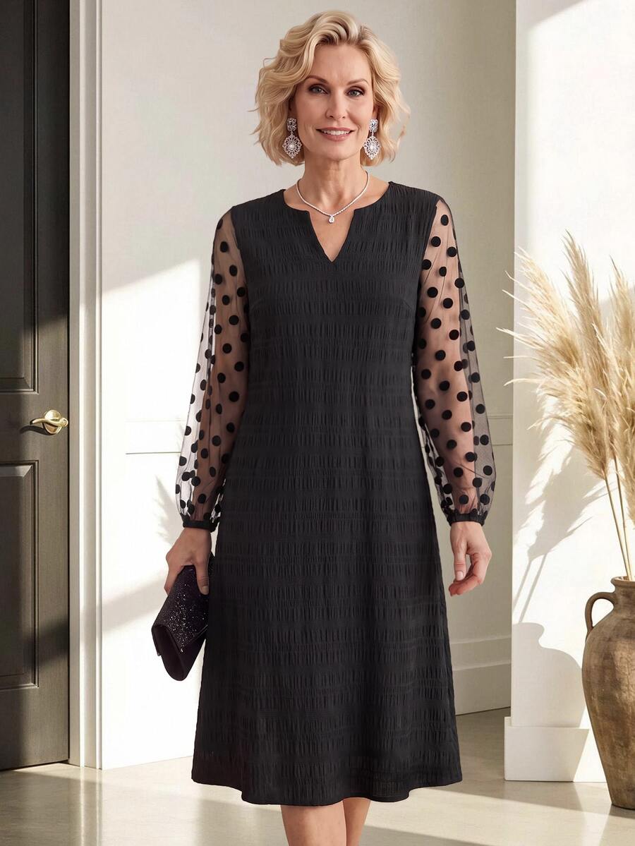 Miaspire Middle-Aged Women's Notched V-Neck Textured Dress - Black - View 1