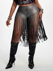 Maweii Plus Size Fashion Sexy Tassel Elastic Leather Shorts - Silver - View 4