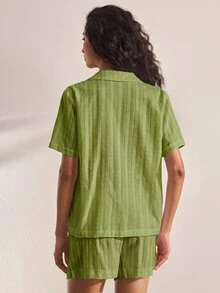 Ocili 女款天然柔軟親膚棉質提花翻領短袖上衣與短褲睡衣套裝 - 橄欖綠 - 查看 2