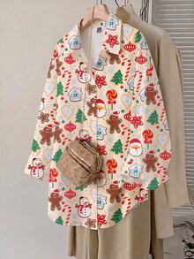 EMERY ROSE Cute 2026 Christmas Outfit Santa Claus Gingerbread Man Christmas Tree Print Long Sleeve Women's Blouse Top Autumn/Winter - Multicolor - View 2
