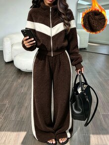 SHEIN Elenzya Bộ 2 món nữ thiết kế phối màu tương phản patchwork, cổ đứng, tay dài, bo gân cổ tay và gấu, quần ống rộng, phong cách vintage thời trang, đa năng, phù hợp mặc hằng ngày và đi làm - Nhiều màu - Xem 3