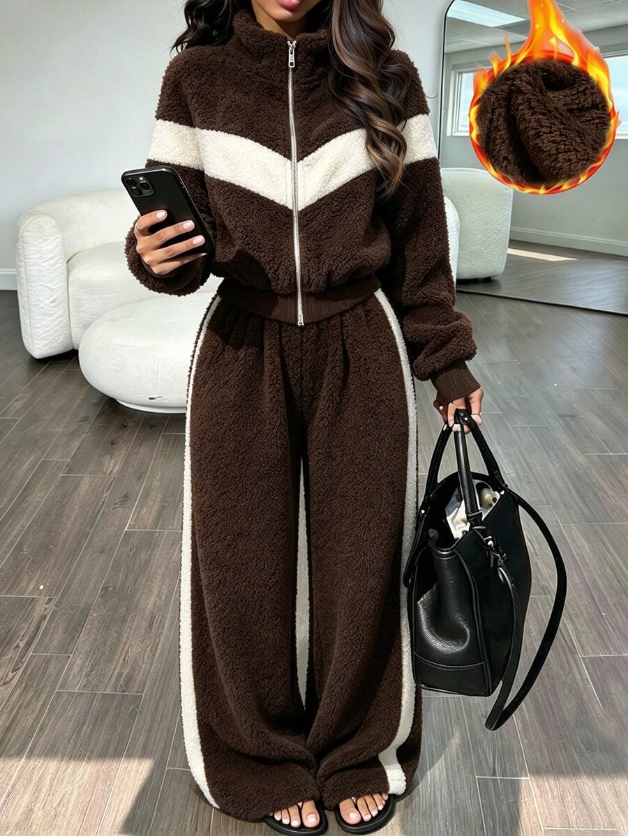 SHEIN Elenzya New Contrast Color Patchwork Stand Collar Long Sleeve Ribbed Cuff & Hem Wide Leg Pants Design Vintage Fashion Versatile Daily Commute Women 2 Pieces Set - Multicolor - View 1