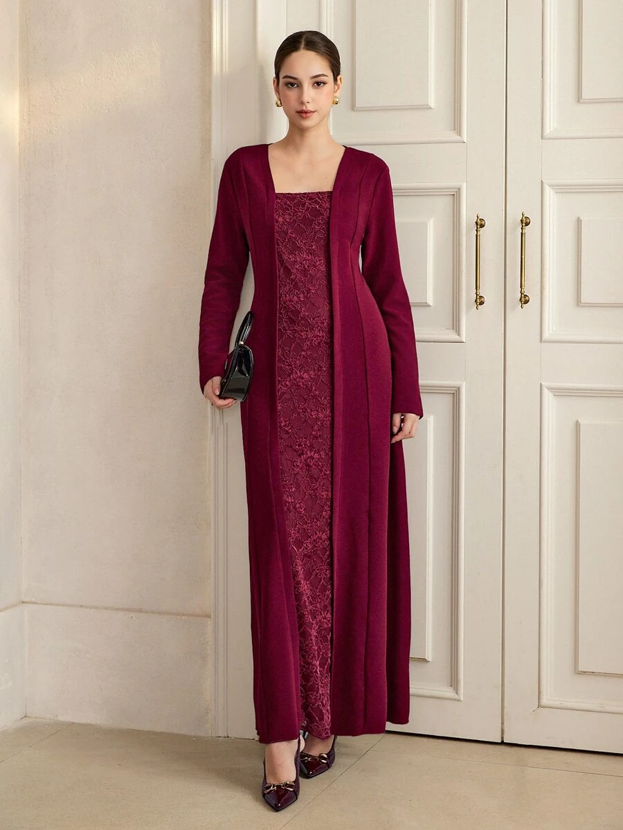 Graceveil Autumn/Winter Burgundy Lace Patchwork Long Sleeve Elegant Long Dress For Wedding And Evening Party - Burgundy - View 1