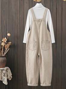 SHEIN LUNE 女款90年代復古海軍藍寬鬆寬腿牛仔連身褲，多口袋工裝吊帶褲，秋冬日常休閒錐形收口褲腳吊帶褲 - 卡其色 - 查看 2