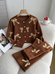Tween Girl Bow Pattern Long Sleeve Top And Pants Knit Set - Brown - View 5