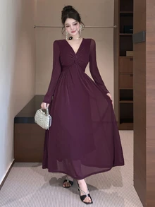 DAZY Women's Solid Color V-Neck Long Sleeve Elegant Dress - Purple - View 5
