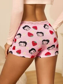 Betty Boop x SHEIN Women's Lace Patchwork Cartoon Print Casual Daily Hipster Panties - Pink - View 2