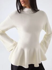 LYSMO Women's Cinched Waist Ruffle Hem Long Sleeve Sweater - Apricot - View 8