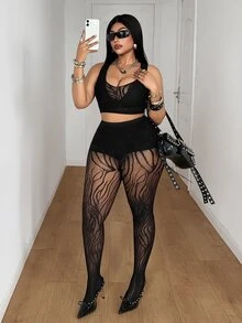 Maweii طقم نسائي مقاس كبير من ملابس علوية وبنطلون بتصميم شبكي مرقع مثير - الأسود - مشاهدة 4