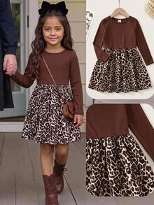 Young Girl Young Girl Knitted Solid Color Round Neck Patchwork Woven Leopard Print Hem Casual Dress - Red - View 1