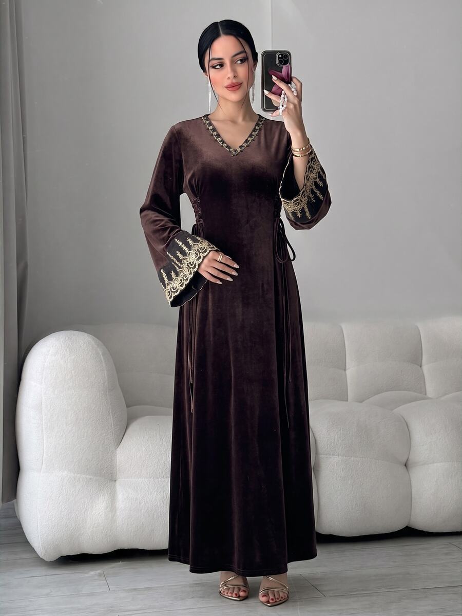 Al Najma Women's V-Neck Colorblock Casual Party Arabian Dress - Brown - View 1
