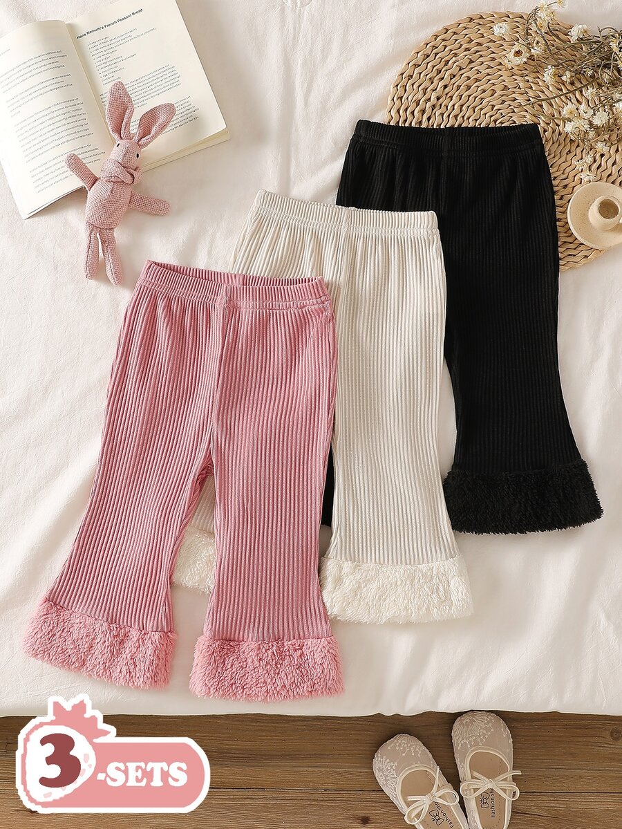 SHEIN 3pcs/Set Baby Girls Spring/Autumn Solid Color Ribbed Fleece Long Pants, Simple & Fashionable, Suitable For Outings, Adding More Options To Baby's Wardrobe - Multicolor - View 1