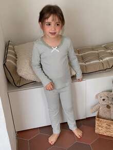 Hapijoa Young Girl Bow Decor Striped Long Sleeve Top And Pants Loungewear - Green - View 4